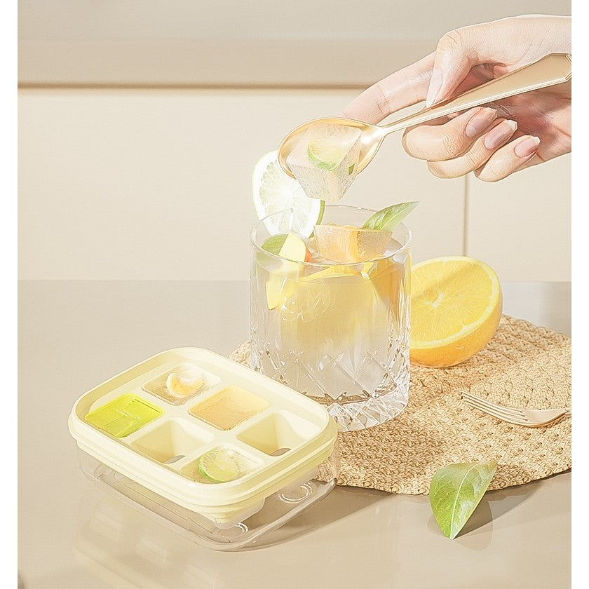 Forma pentru gheata cu presa Kaveny, din silicon alimentar, 6 cuburi, caserola pentru depozitare, usor de folosit si curatat, 10.5 x 7.5 x 4.1 cm, galben