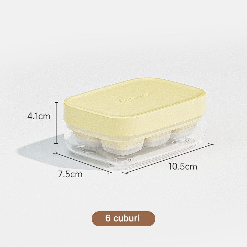 Forma pentru gheata cu presa Kaveny, din silicon alimentar, 6 cuburi, caserola pentru depozitare, usor de folosit si curatat, 10.5 x 7.5 x 4.1 cm, galben