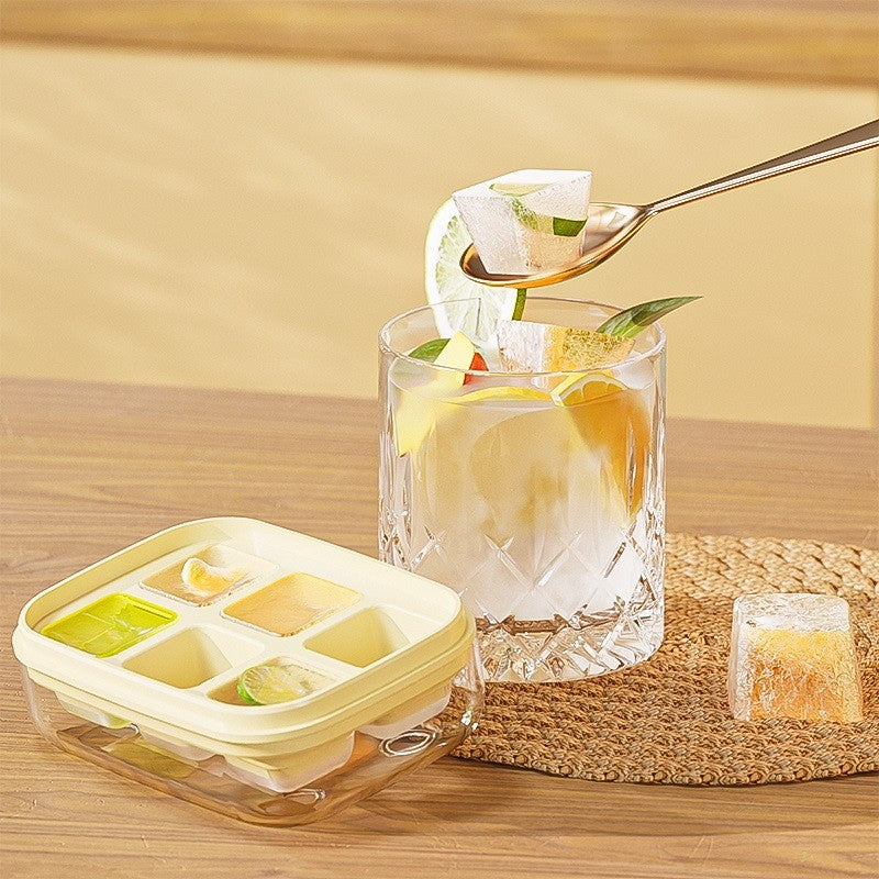 Forma pentru gheata cu presa Kaveny, din silicon alimentar, 6 cuburi, caserola pentru depozitare, usor de folosit si curatat, 10.5 x 7.5 x 4.1 cm, galben