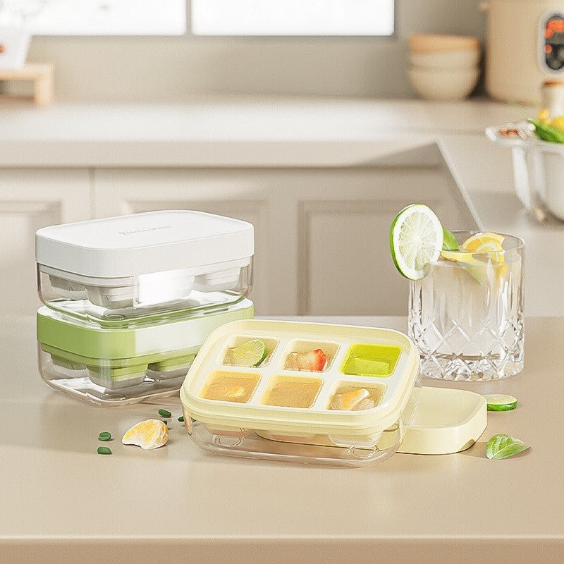 Forma pentru gheata cu presa Kaveny, din silicon alimentar, 6 cuburi, caserola pentru depozitare, usor de folosit si curatat, 10.5 x 7.5 x 4.1 cm, galben