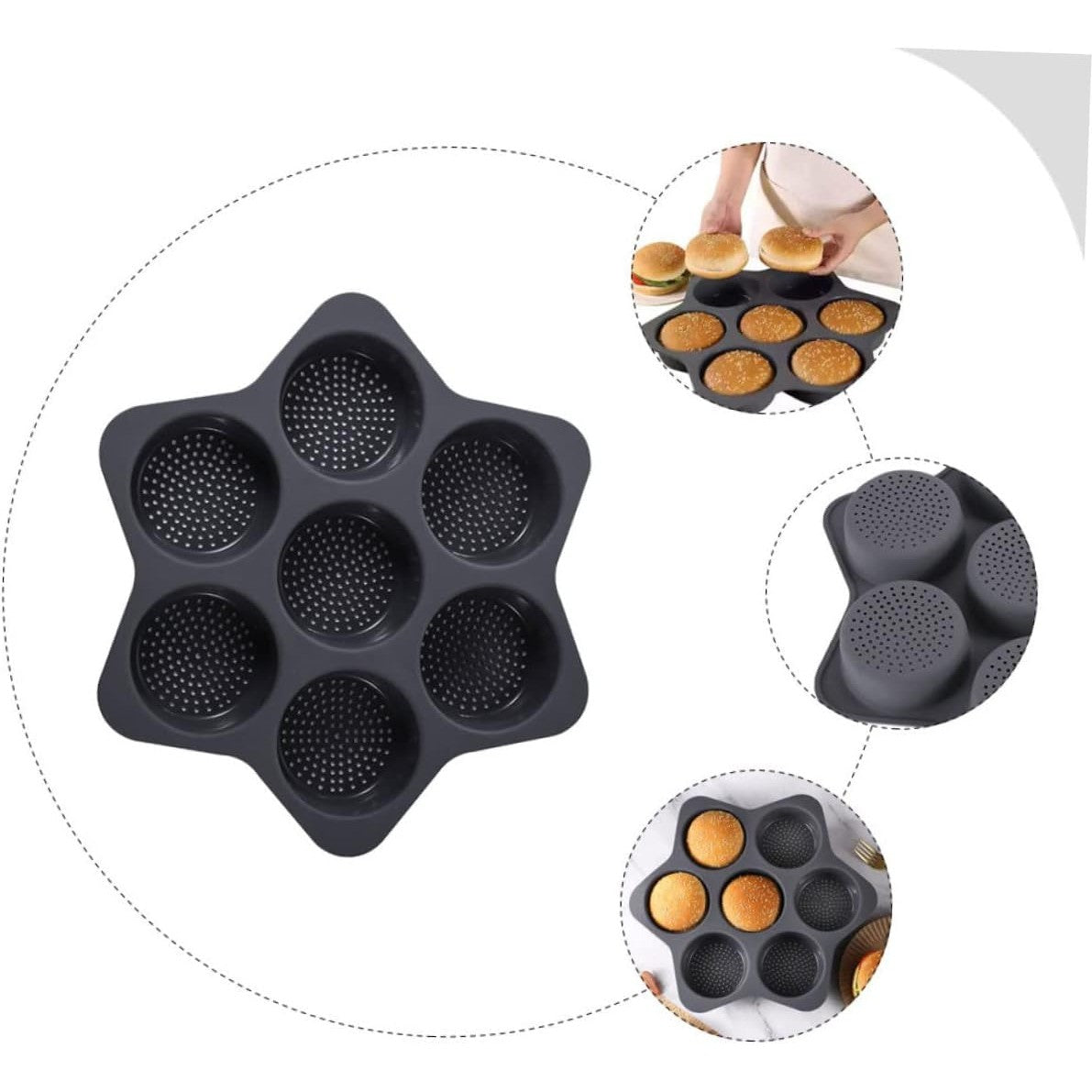 Forme de Silicon pentru Copt, Kadeny, 7 Forme Rotiunde, pentru Burgeri si Prajituri, 38.5 x 4 cm, Negru