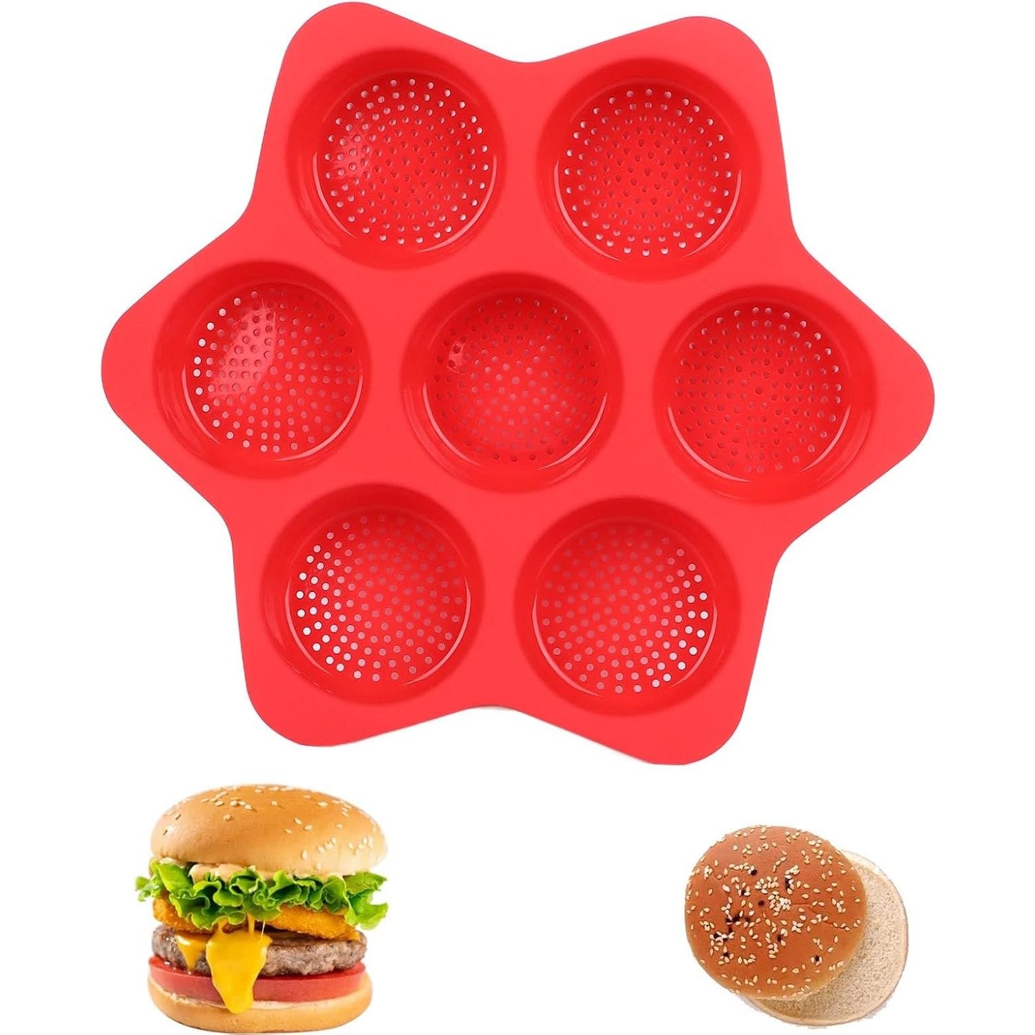 Forme de Silicon pentru Copt, Kadeny, 7 Forme Rotiunde, pentru Burgeri si Prajituri, 38.5 x 4 cm, Rosu