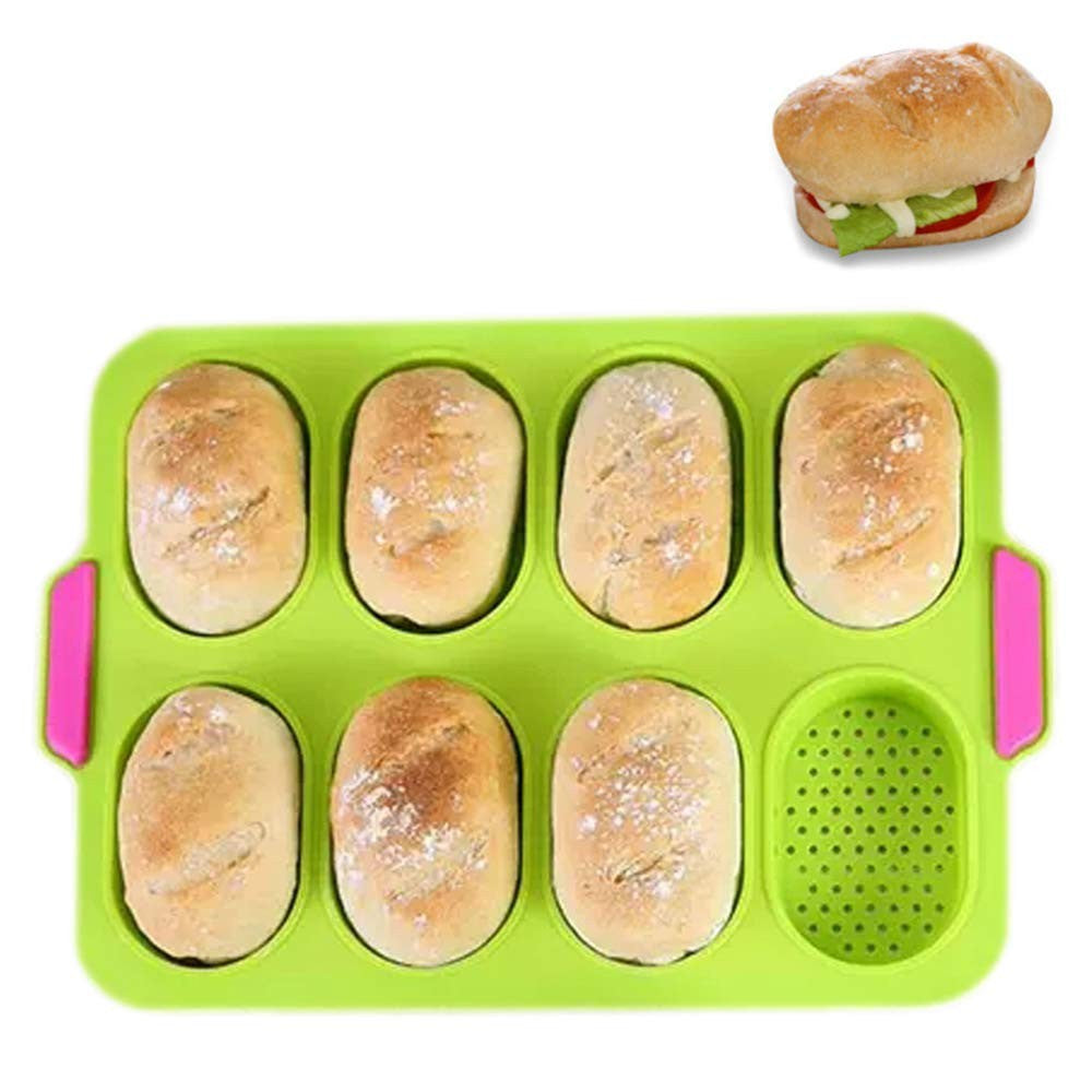 Forme de Silicon pentru Copt, Kadeny, 8 Forme Ovale, pentru Paine si Prajituri, 34.5 x 23.8 x 2.5 cm, Verde/Roz