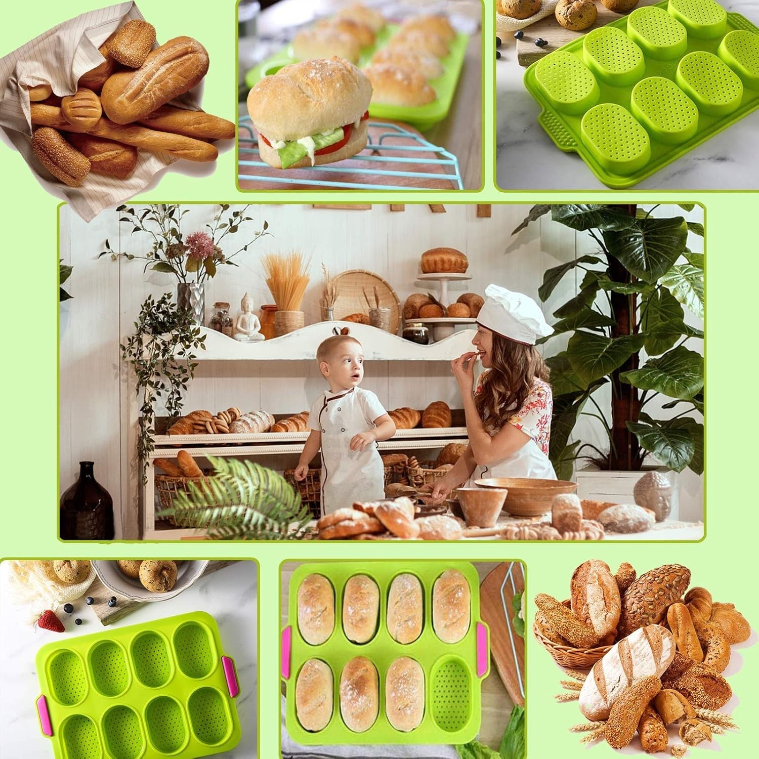 Forme de Silicon pentru Copt, Kadeny, 8 Forme Ovale, pentru Paine si Prajituri, 34.5 x 23.8 x 2.5 cm, Verde/Roz