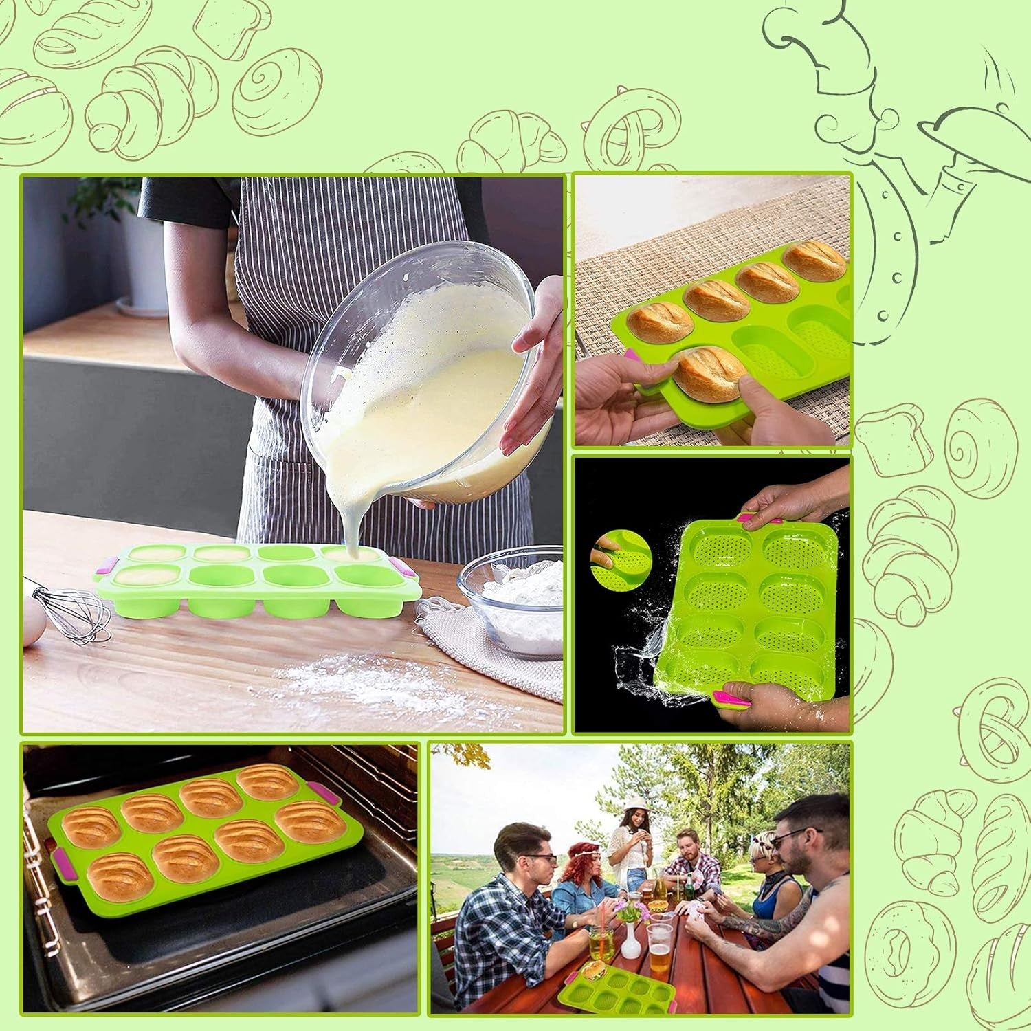 Forme de Silicon pentru Copt, Kadeny, 8 Forme Ovale, pentru Paine si Prajituri, 34.5 x 23.8 x 2.5 cm, Verde/Roz