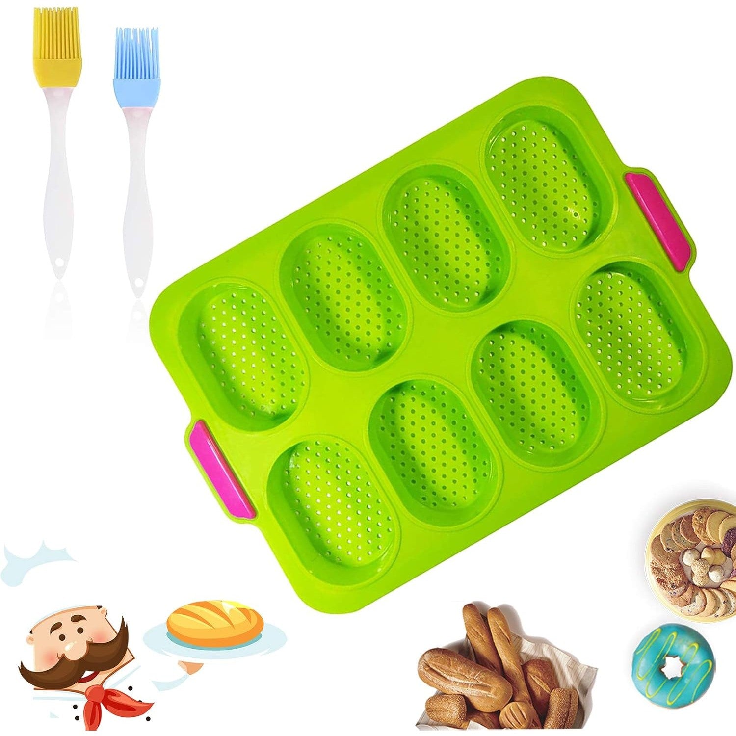 Forme de Silicon pentru Copt, Kadeny, 8 Forme Ovale, pentru Paine si Prajituri, 34.5 x 23.8 x 2.5 cm, Verde/Roz