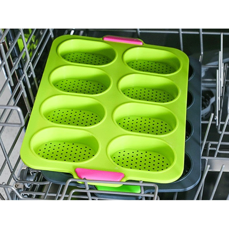 Forme de Silicon pentru Copt, Kadeny, 8 Forme Ovale, pentru Paine si Prajituri, 34.5 x 23.8 x 2.5 cm, Verde/Roz