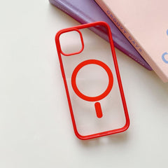 Husa MagSafe pentru Apple iPhone 14, Full Cover, Frosted Acrylic Color Big Hole, Magnetica, Incarcare Wireless, Kaveny, Rosu