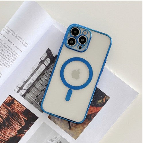 Husa MagSafe pentru Apple iPhone 14 Pro Max, Protectie camera, Full TPU, Margini colorate Electroplating, Magnetica, Incarcare Wireless, Kaveny, Albastru