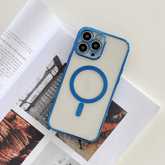 Husa MagSafe pentru Apple iPhone 13 Pro, Protectie camera, Full TPU, Margini colorate Electroplating, Magnetica, Incarcare Wireless, Kaveny, Albastru