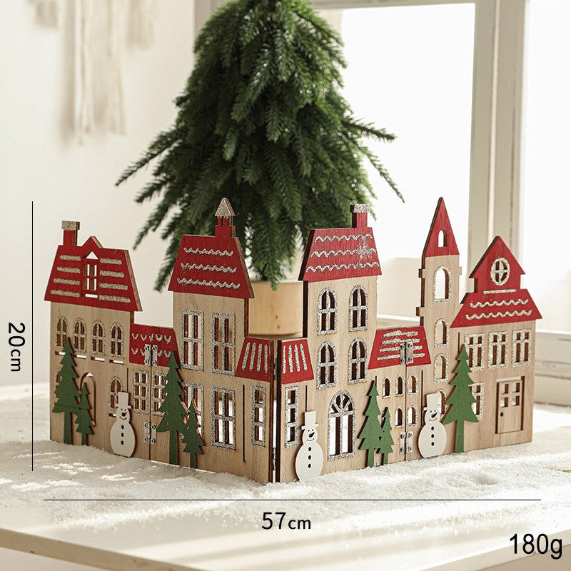 Decoratiune de Craciun, Kadeny, Model Orasel de Craciun pentru Brad, in stil European, Pliabil din Lemn, 57 x 20 cm, Maro Natur Rosu