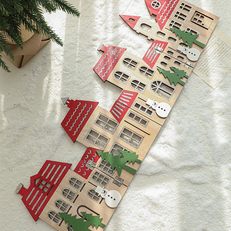 Decoratiune de Craciun, Kadeny, Model Orasel de Craciun pentru Brad, in stil European, Pliabil din Lemn, 57 x 20 cm, Maro Natur Rosu