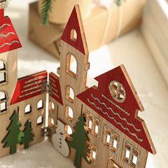 Decoratiune de Craciun, Kadeny, Model Orasel de Craciun pentru Brad, in stil European, Pliabil din Lemn, 57 x 20 cm, Maro Natur Rosu