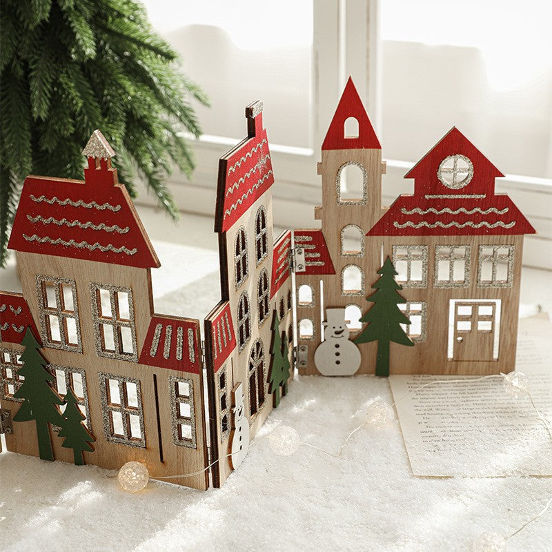 Decoratiune de Craciun, Kadeny, Model Orasel de Craciun pentru Brad, in stil European, Pliabil din Lemn, 57 x 20 cm, Maro Natur Rosu