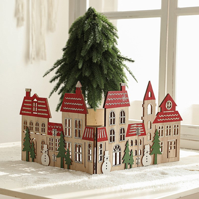 Decoratiune de Craciun, Kadeny, Model Orasel de Craciun pentru Brad, in stil European, Pliabil din Lemn, 57 x 20 cm, Maro Natur Rosu