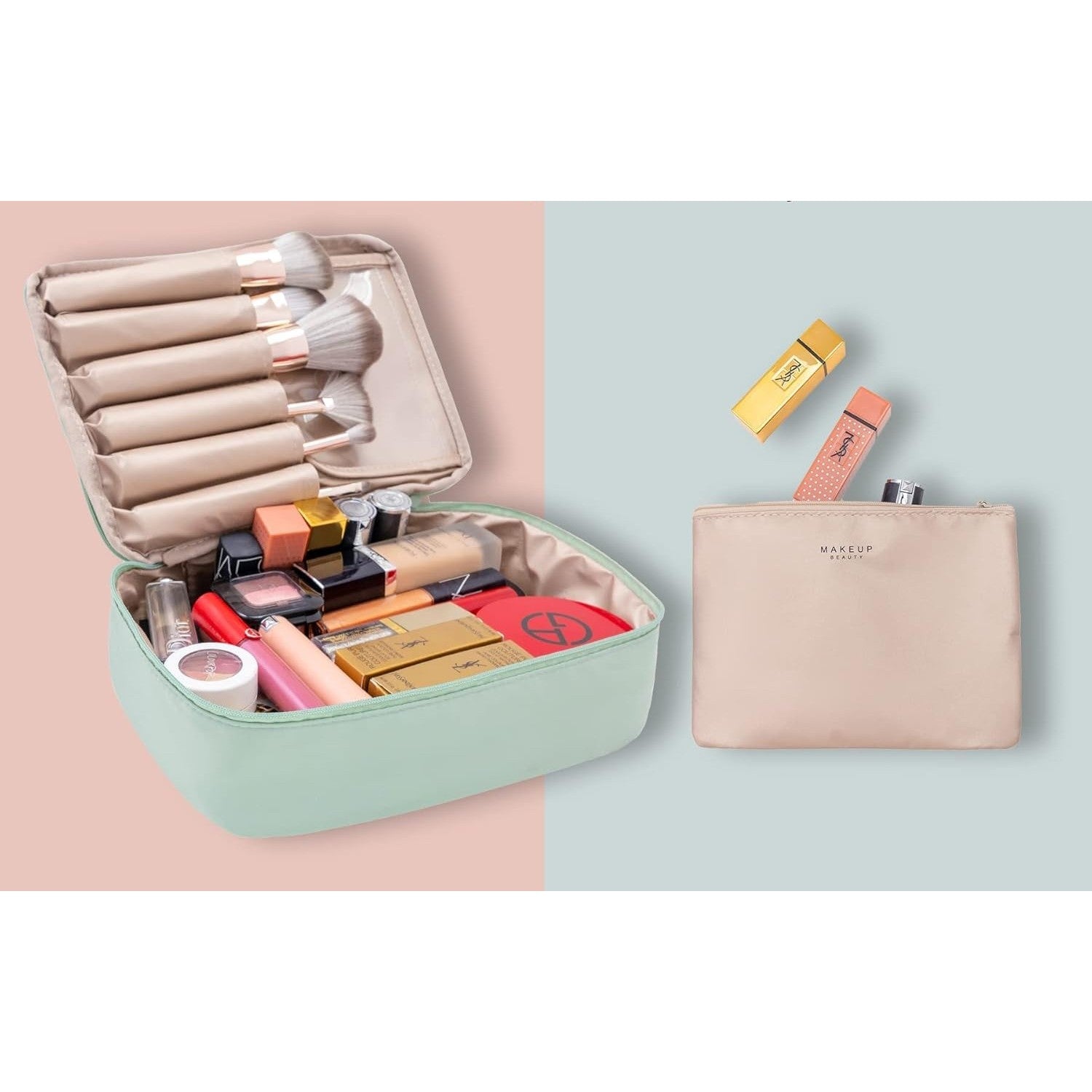 Geanta de Calatorie, Kadeny, pentru Cosmetice si Articole de Toaleta, Material Impermeabil, 2 in 1, Portfard Interior Detasabil, 23 x 16 x 8 cm, Verde