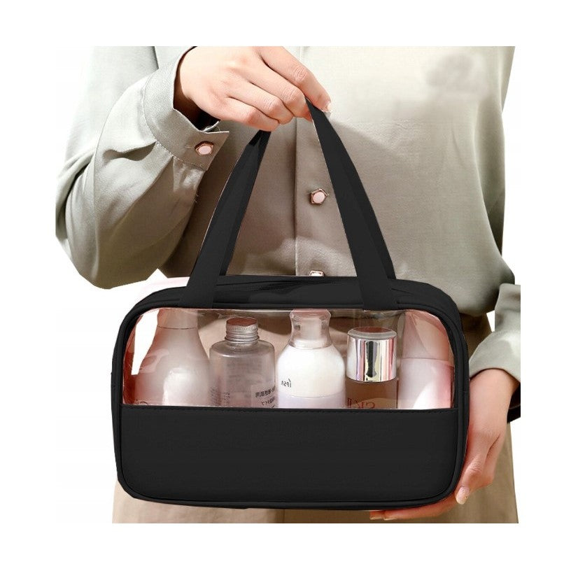 Geanta cosmetice Kadeny, pentru voiaj sau organizare, material PVC/textil, impermeabila, portabila, 26 x 15 x 10 cm, negru