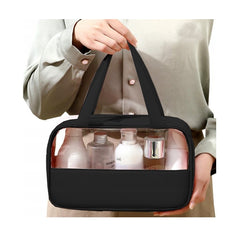 Geanta cosmetice Kadeny, pentru voiaj sau organizare, material PVC/textil, impermeabila, portabila, 26 x 15 x 10 cm, negru