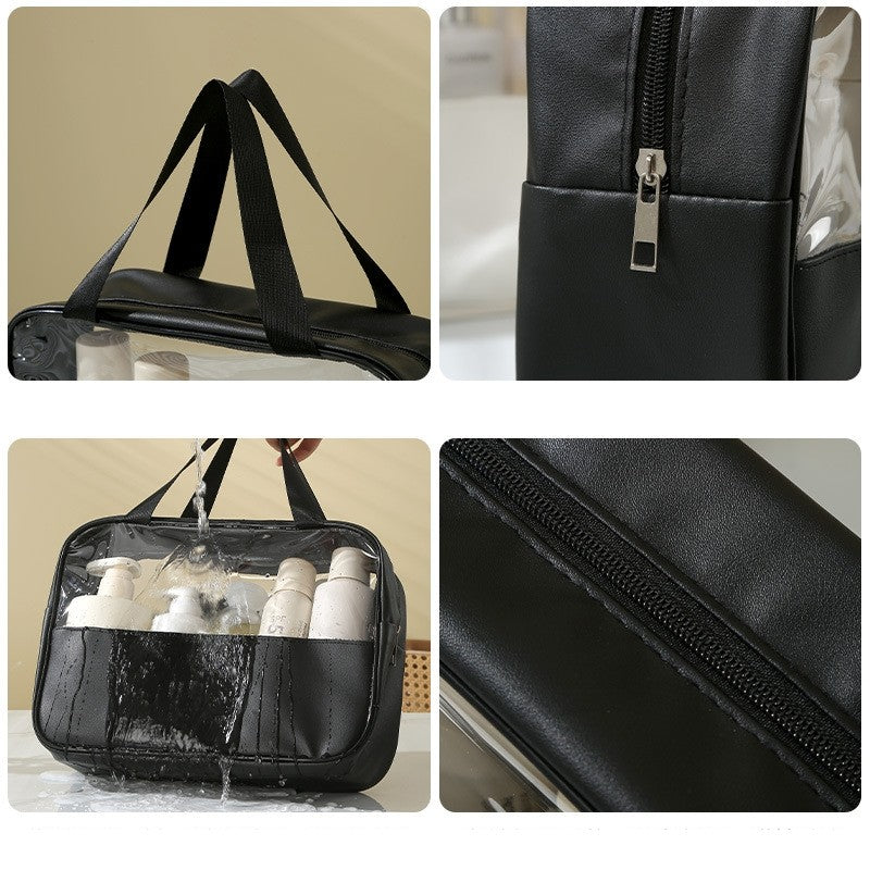 Geanta cosmetice Kadeny, pentru voiaj sau organizare, material PVC/textil, impermeabila, portabila, 26 x 15 x 10 cm, negru