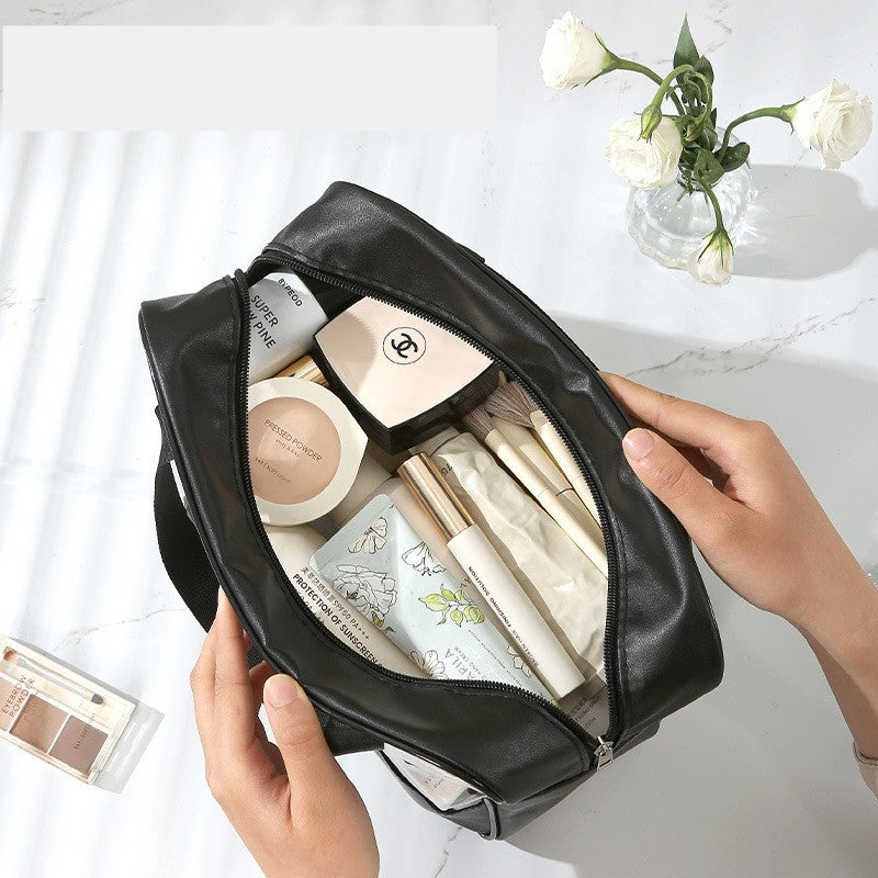 Geanta cosmetice Kadeny, pentru voiaj sau organizare, material PVC/textil, impermeabila, portabila, 26 x 15 x 10 cm, negru