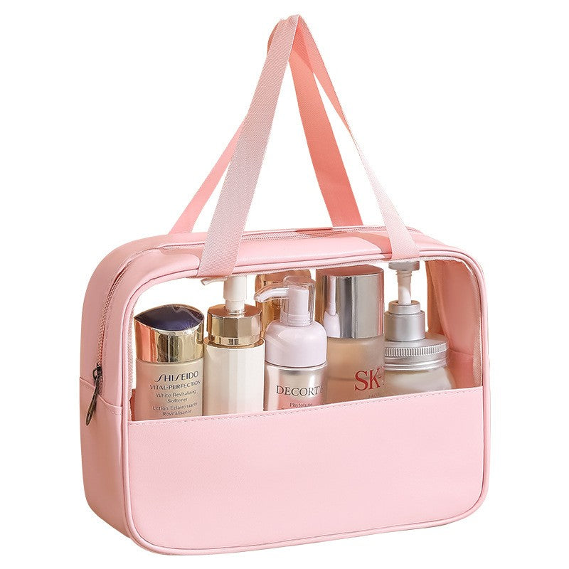 Geanta cosmetice Kadeny, pentru voiaj sau organizare, material PVC/textil, impermeabila, portabila, 30 x 21 x 12 cm, roz