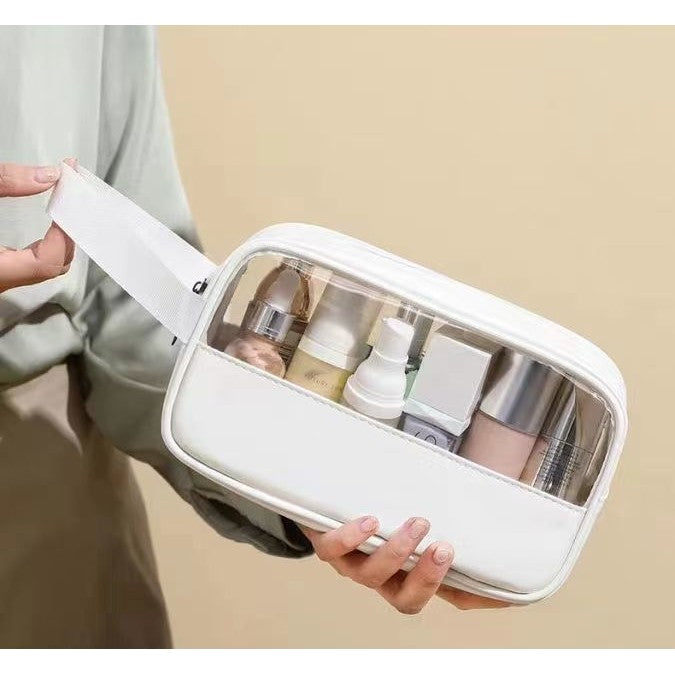 Geanta cosmetice Kadeny, pentru voiaj sau organizare, material PVC/textil, impermeabila, portabila, 22 x 12 x 8 cm, alb