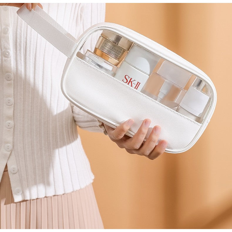 Geanta cosmetice Kadeny, pentru voiaj sau organizare, material PVC/textil, impermeabila, portabila, 22 x 12 x 8 cm, alb