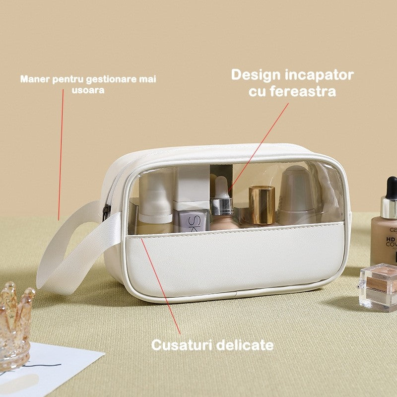 Geanta cosmetice Kadeny, pentru voiaj sau organizare, material PVC/textil, impermeabila, portabila, 22 x 12 x 8 cm, alb