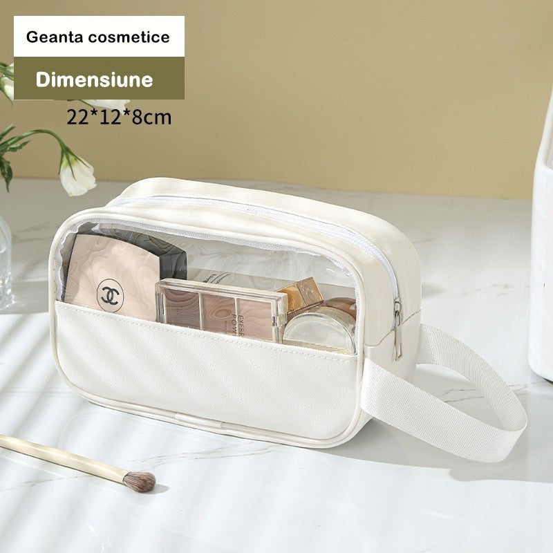 Geanta cosmetice Kadeny, pentru voiaj sau organizare, material PVC/textil, impermeabila, portabila, 22 x 12 x 8 cm, alb