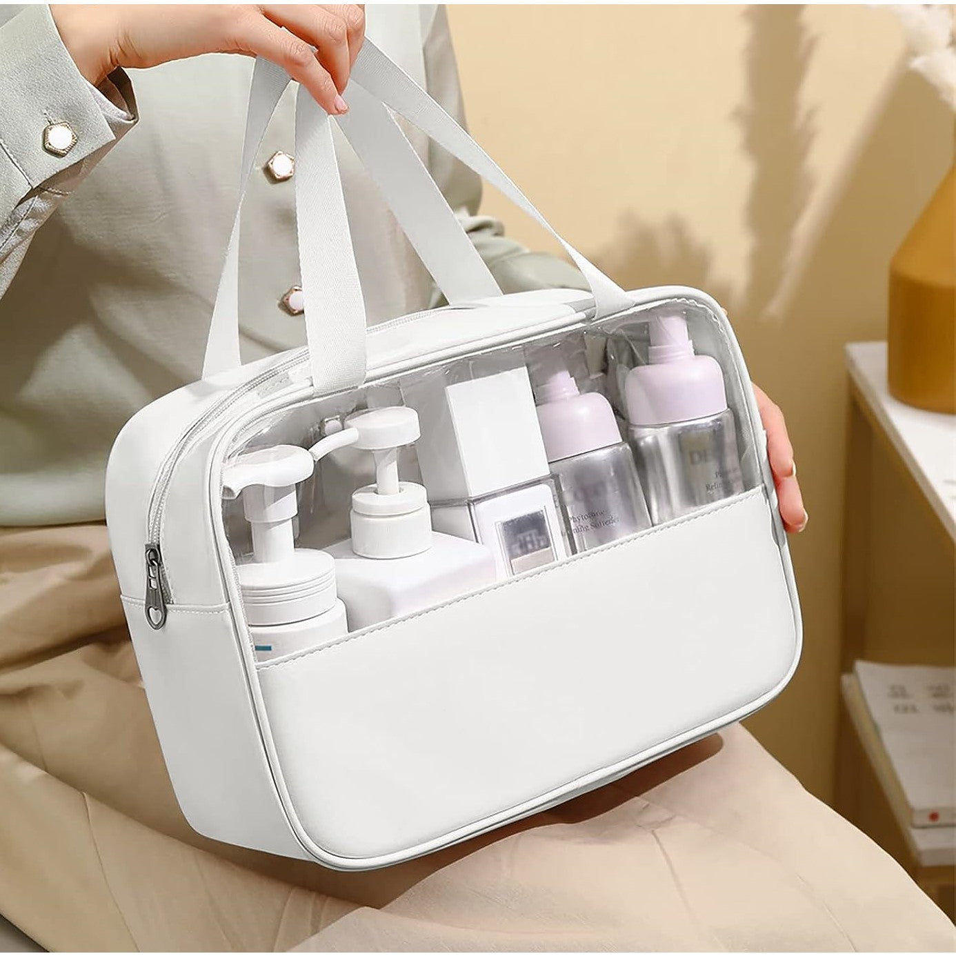 Geanta cosmetice Kadeny, pentru voiaj sau organizare, material PVC/textil, impermeabila, portabila, 26 x 15 x 10 cm, alb