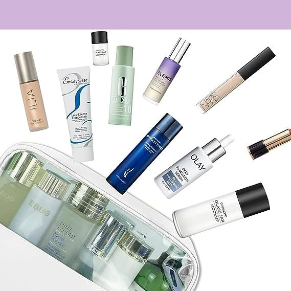 Geanta cosmetice Kadeny, pentru voiaj sau organizare, material PVC/textil, impermeabila, portabila, 26 x 15 x 10 cm, alb