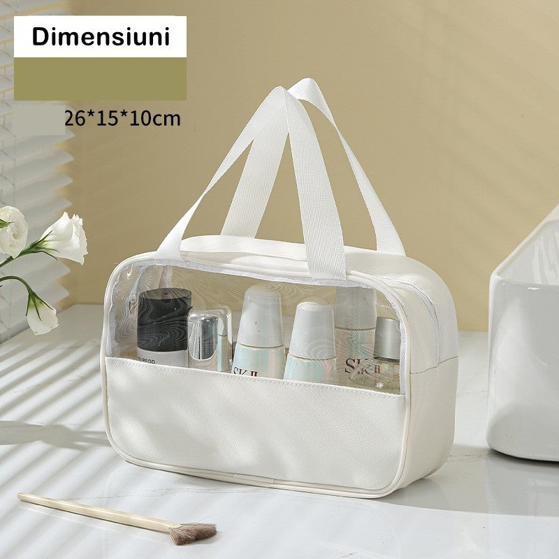 Geanta cosmetice Kadeny, pentru voiaj sau organizare, material PVC/textil, impermeabila, portabila, 26 x 15 x 10 cm, alb