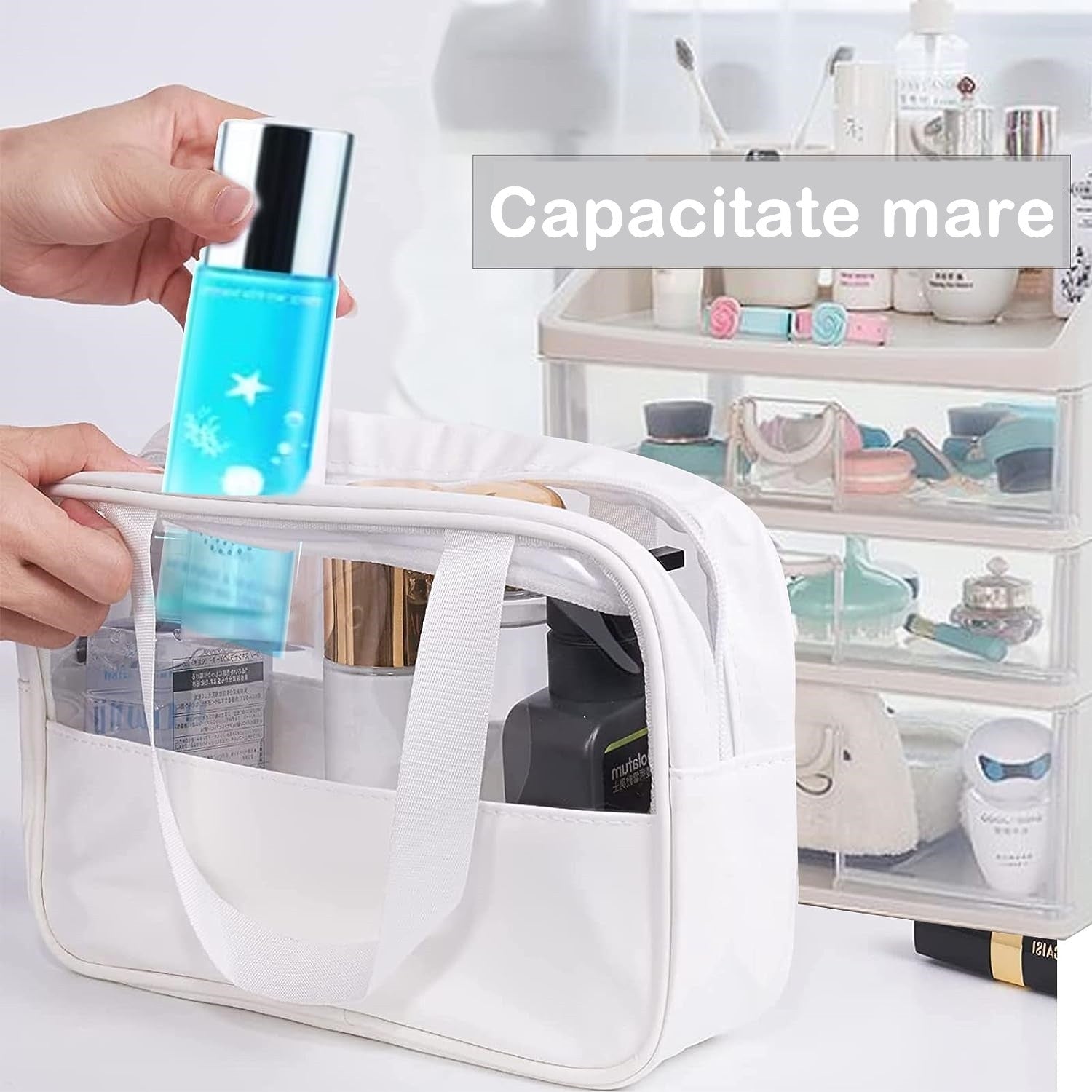 Geanta cosmetice Kadeny, pentru voiaj sau organizare, material PVC/textil, impermeabila, portabila, 26 x 15 x 10 cm, alb