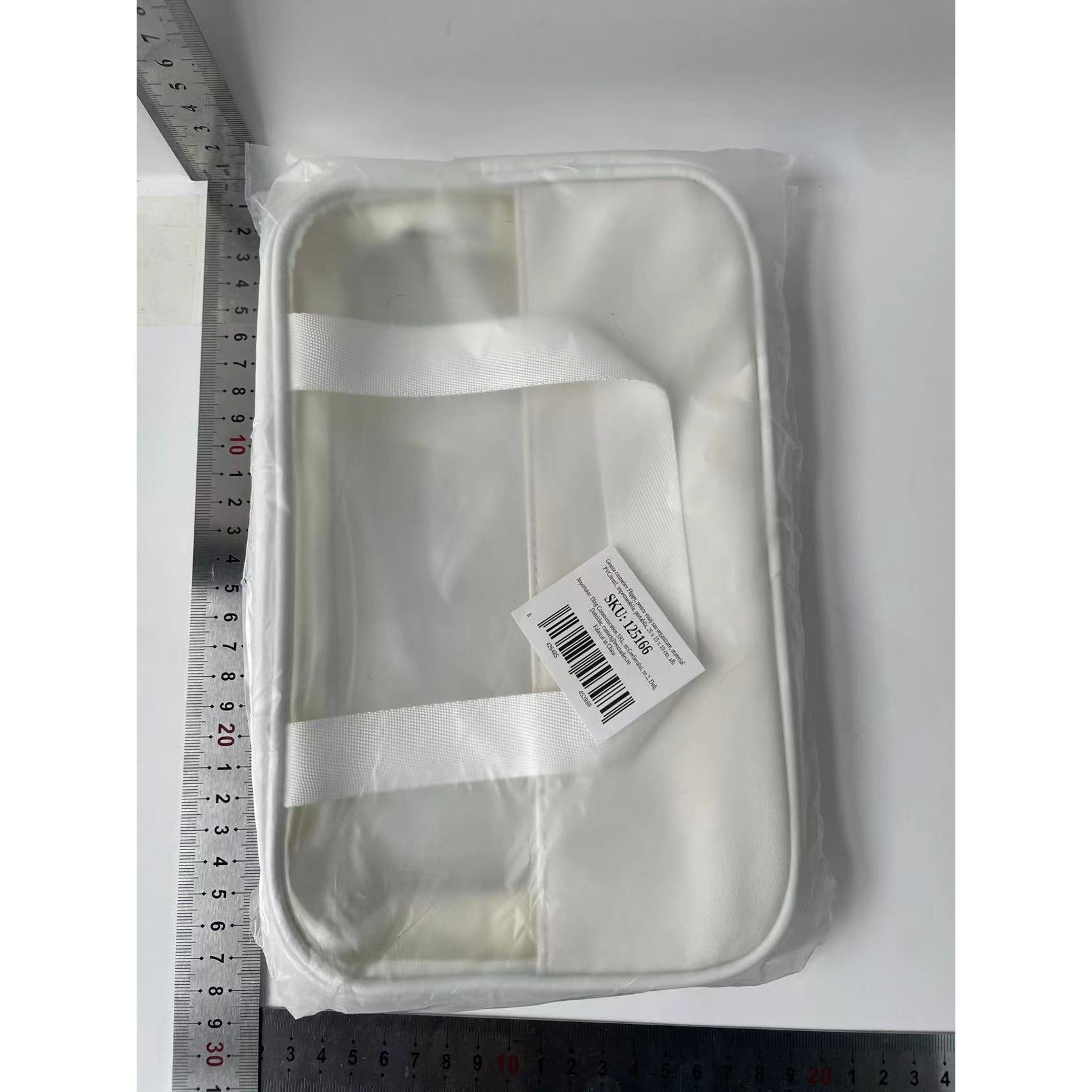 Geanta cosmetice Kadeny, pentru voiaj sau organizare, material PVC/textil, impermeabila, portabila, 26 x 15 x 10 cm, alb