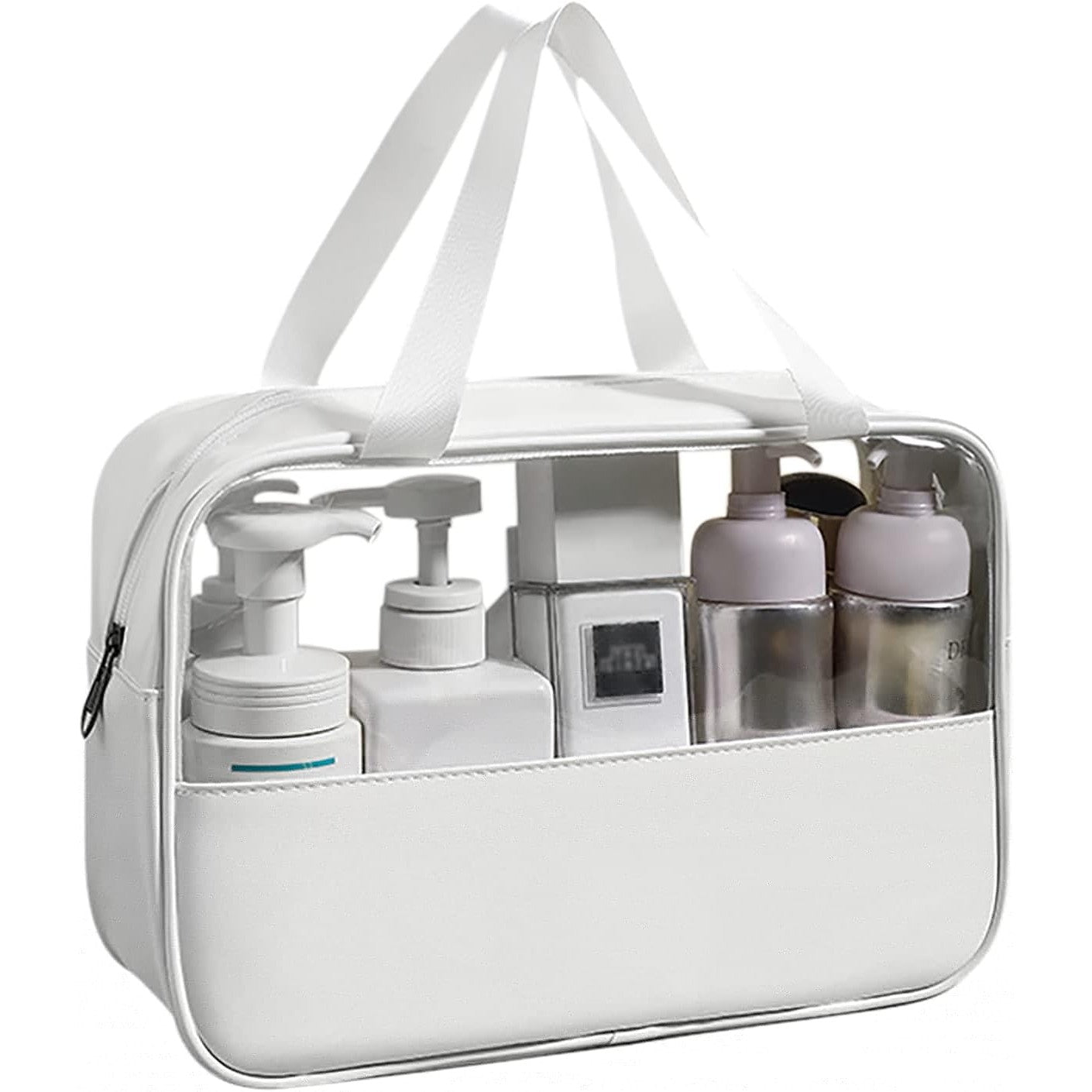 Geanta cosmetice Kadeny, pentru voiaj sau organizare, material PVC/textil, impermeabila, portabila, 26 x 15 x 10 cm, alb