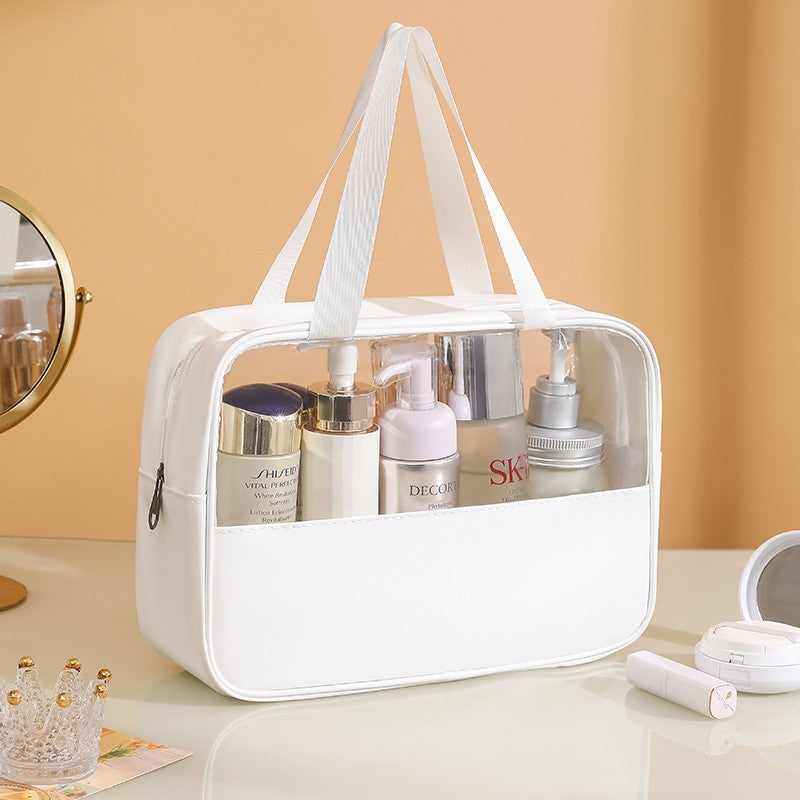 Geanta cosmetice Kadeny, pentru voiaj sau organizare, material PVC/textil, impermeabila, portabila, 30x12x21 cm, alb