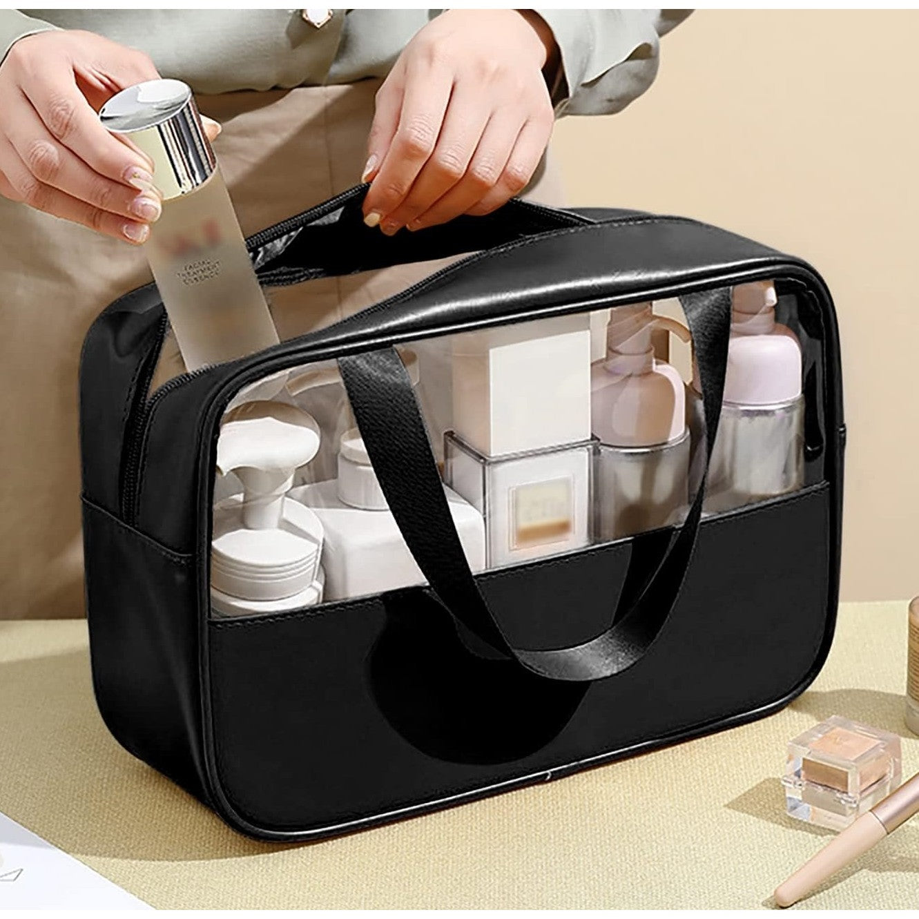 Geanta cosmetice Kadeny, pentru voiaj sau organizare, material PVC/textil, impermeabila, portabila, 30X21X12 cm, negru