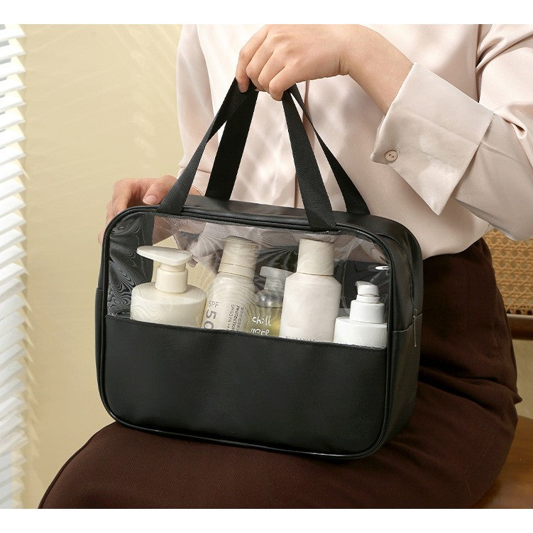 Geanta cosmetice Kadeny, pentru voiaj sau organizare, material PVC/textil, impermeabila, portabila, 30X21X12 cm, negru