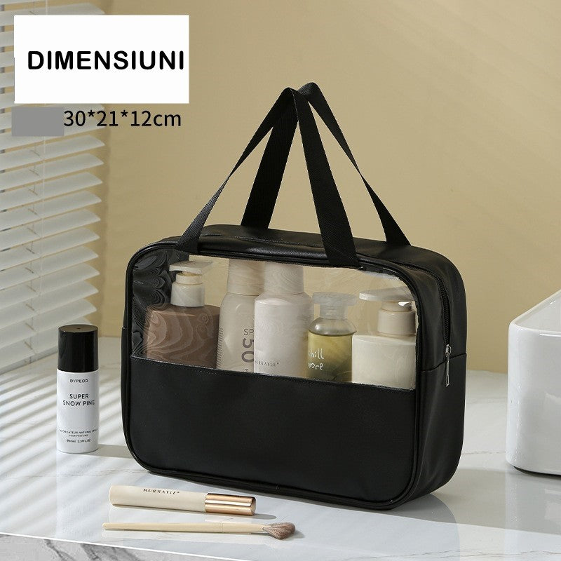 Geanta cosmetice Kadeny, pentru voiaj sau organizare, material PVC/textil, impermeabila, portabila, 30X21X12 cm, negru