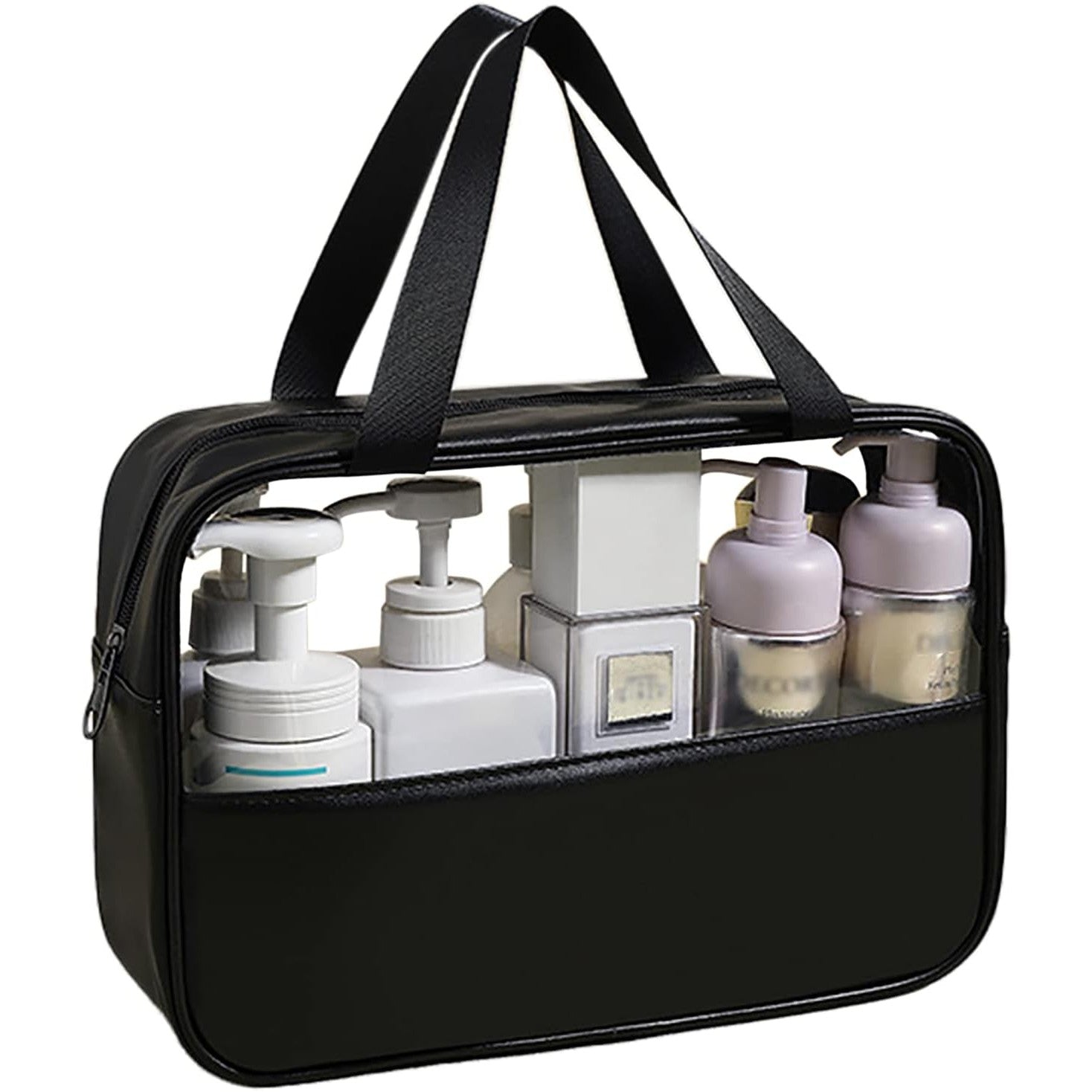 Geanta cosmetice Kadeny, pentru voiaj sau organizare, material PVC/textil, impermeabila, portabila, 30X21X12 cm, negru