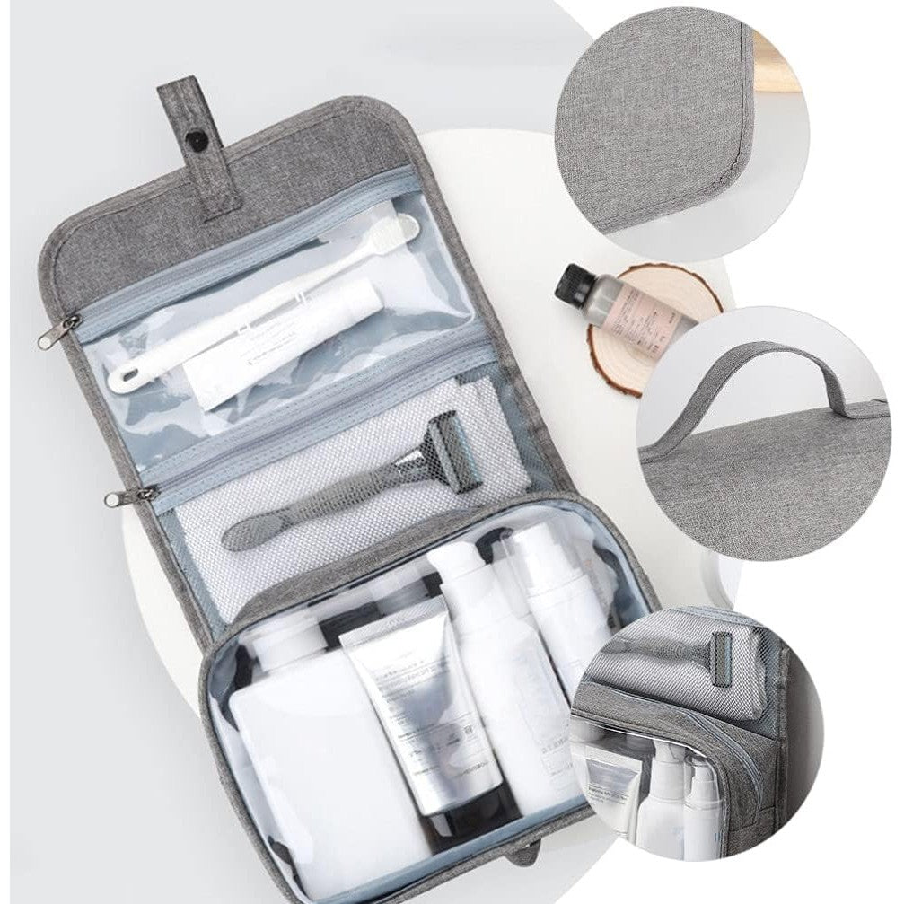 Geanta cosmetice voiaj, Kadeny, material panza, impermeabil, 3 compartimente, cu agatatoare, Gri, 47 x 28 x 20   cm