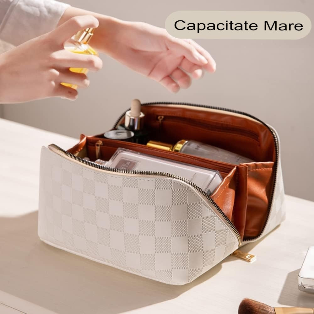 Geanta de Calatorie Kadeny, Pentru Cosmetice, Portabila, Impermeabila, din Piele Ecologica, Compartimente Multiple, cu Fermoar, 22 x 13 x 12.5 cm, In Carouri, Alb