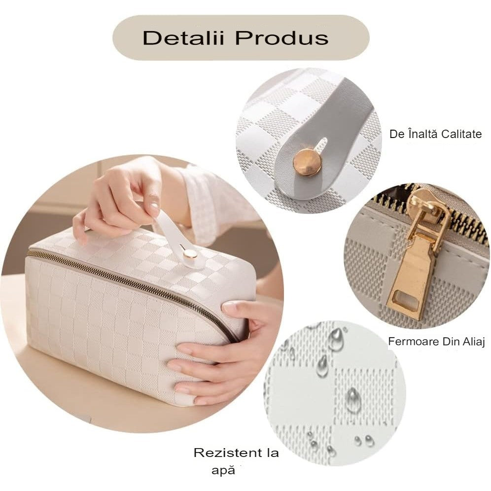 Geanta de Calatorie Kadeny, Pentru Cosmetice, Portabila, Impermeabila, din Piele Ecologica, Compartimente Multiple, cu Fermoar, 22 x 13 x 12.5 cm, In Carouri, Alb