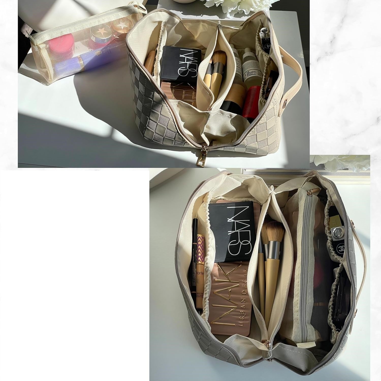 Geanta de Calatorie Kadeny, Pentru Cosmetice, Portabila, Impermeabila, din Piele Ecologica, Compartimente Multiple, cu Fermoar, 22 x 13 x 12.5 cm, In Carouri, Alb