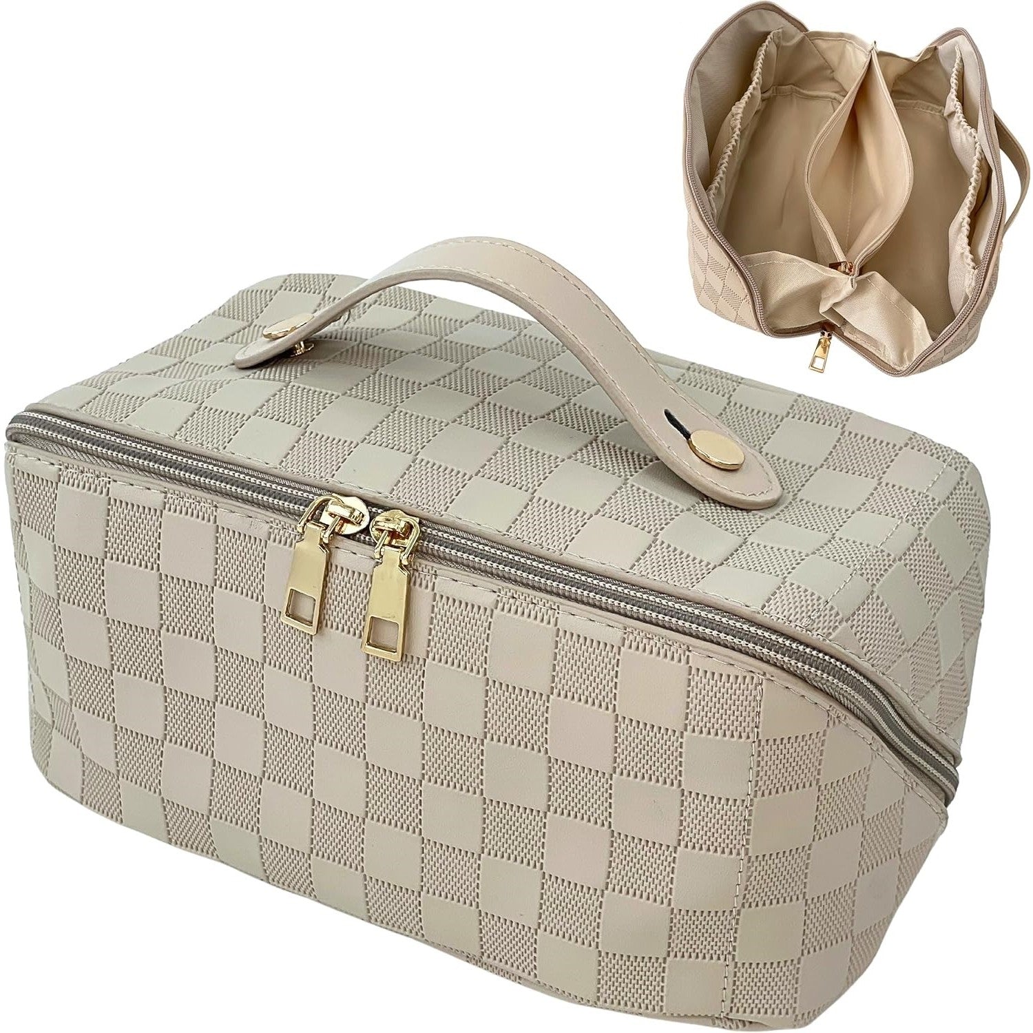 Geanta de Calatorie Kadeny, Pentru Cosmetice, Portabila, Impermeabila, din Piele Ecologica, Compartimente Multiple, cu Fermoar, 22 x 13 x 12.5 cm, In Carouri, Alb