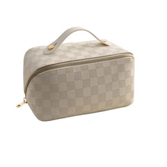 Geanta de Calatorie Kadeny, Pentru Cosmetice, Portabila, Impermeabila, din Piele Ecologica, Compartimente Multiple, cu Fermoar, 22 x 13 x 12.5 cm, In Carouri, Alb