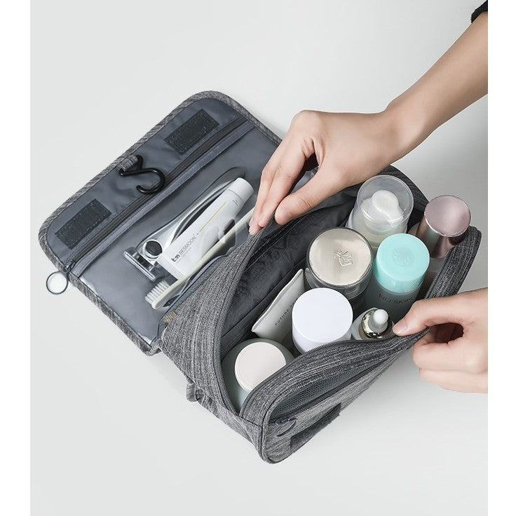 Geanta cosmetice voiaj, Kadeny, material panza, impermeabil, 3 compartimente, cu agatatoare, Gri, 47 x 28 x 20   cm