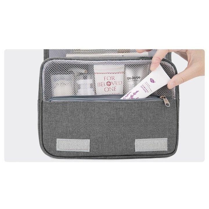 Geanta cosmetice voiaj, Kadeny, material panza, impermeabil, 3 compartimente, cu agatatoare, Gri, 47 x 28 x 20   cm