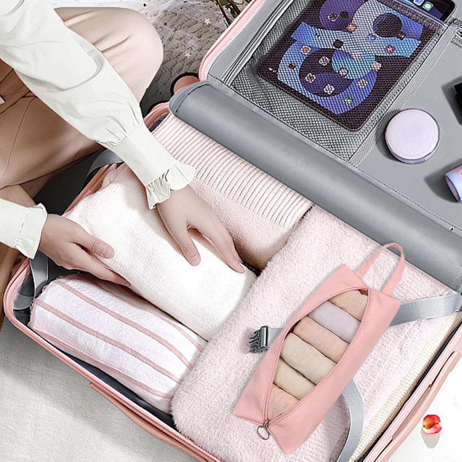 Geanta de Depozitare, Kadeny, Pentru Haine Mici, Lenjerie, Sosete, Cosmetice, Impermeabila, cu Maner, 10x20x3 cm, Roz