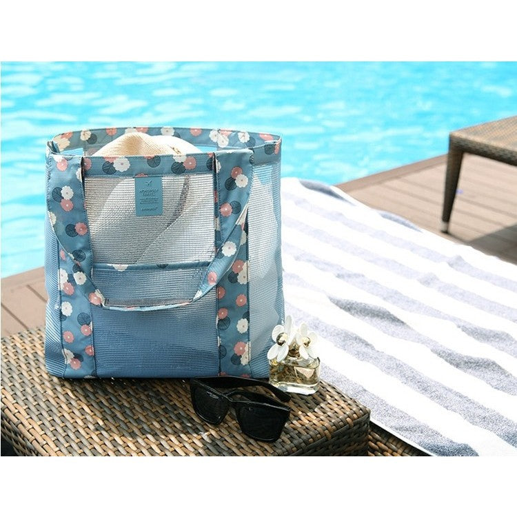 Geanta de Plaja, Kaveny, din Plasa Transparenta, Imprimeu Floral, 43 x 10 x 33 cm, Model pentru Umar, Lungime Inferioara 33 cm, Albastru